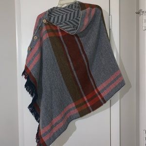 GRACE & LACE Blanket Poncho Scarf, Blue, Brick, Camel, Reversible Plaid/Chevron